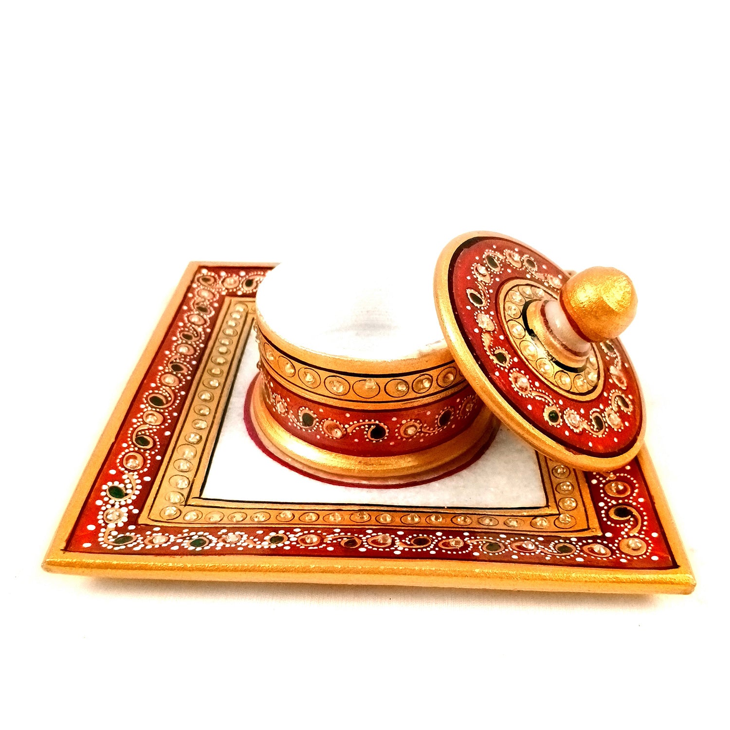 Marble Bowl with Lid for Mukhwas/Mouthfreshner/Dry Fruits with Minakari & Kundan Work | Suparidaan Container - for Kitchen, Home, & Dining Table Decor & Gifts - 6 Inch - Apkamart #Style_Design 2