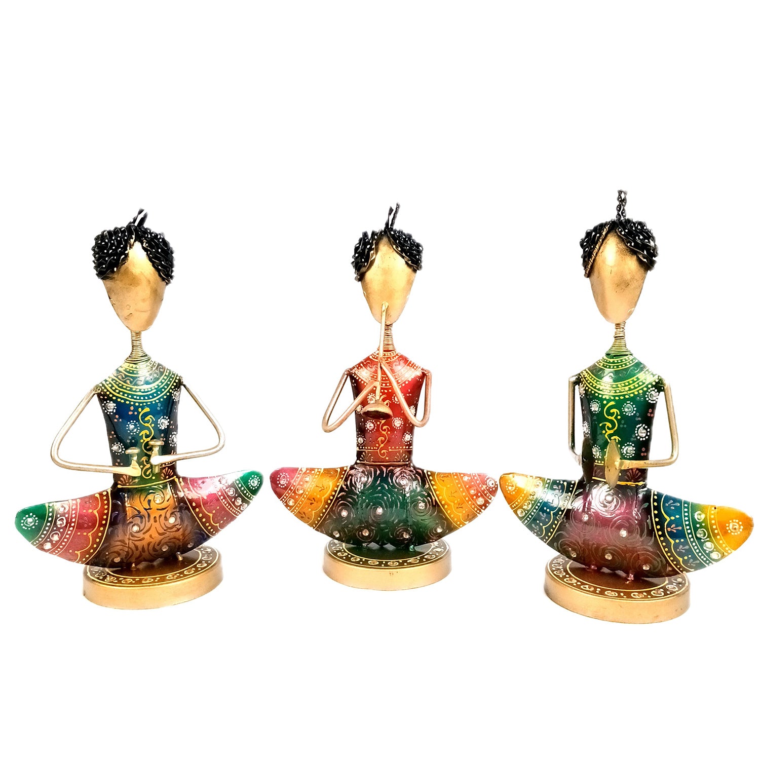 Showpiece Figurine - Rajasthani Musician Design | Decorative Show piece With Kundan Work - for Home, Bedroom, Living Room, Office Desk & Table Decor | Gifts For Wedding, Housewarming & Festivals -12 Inch (Set of 3) - Apkamart #Style_Design 1