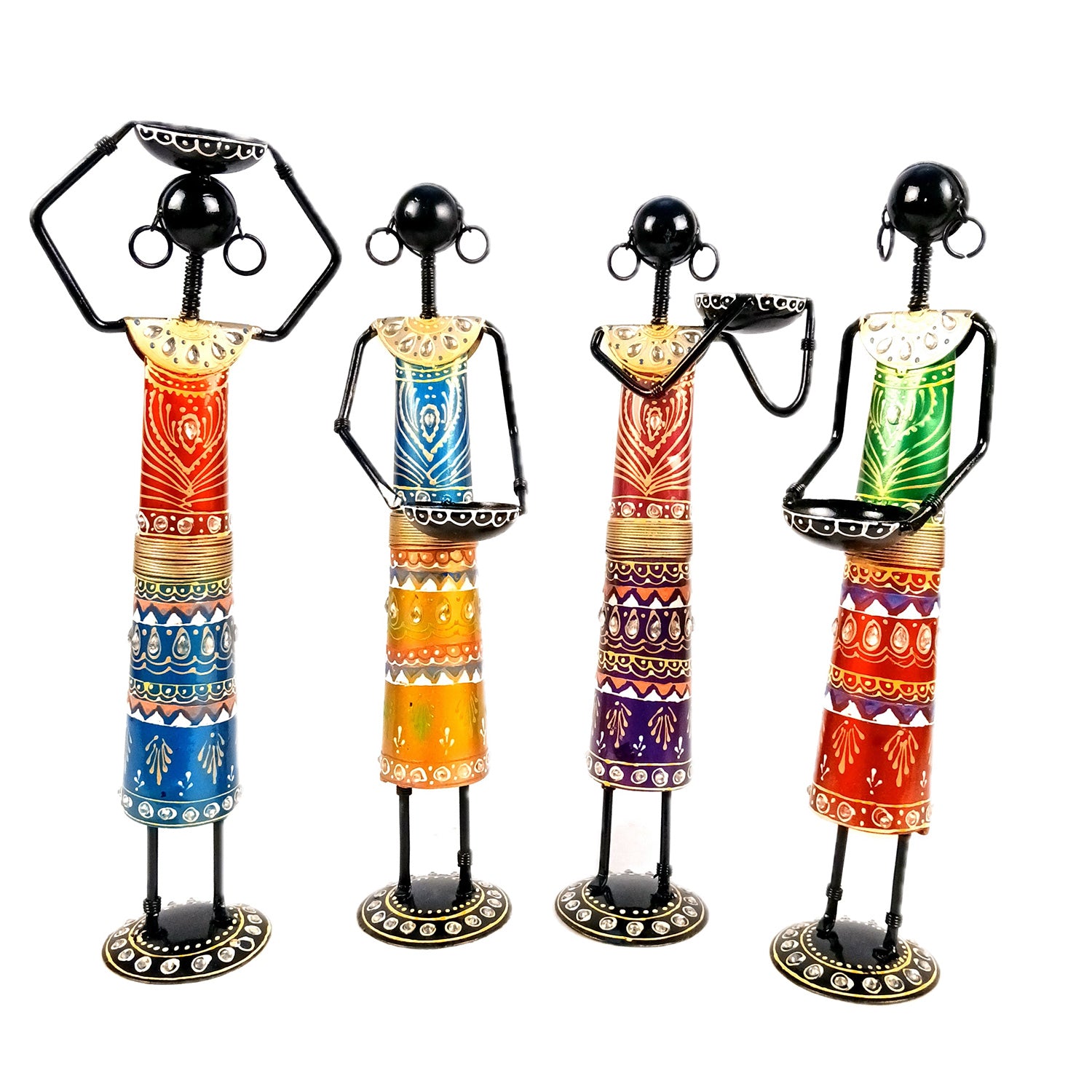 Tribal Worker Showpiece With Tea Light Candle Holders | Vibrant Handpainted Figurines - for Home, Bedroom, Living Room, Office, Table Decor & Gifts - 14 Inch - Apkamart