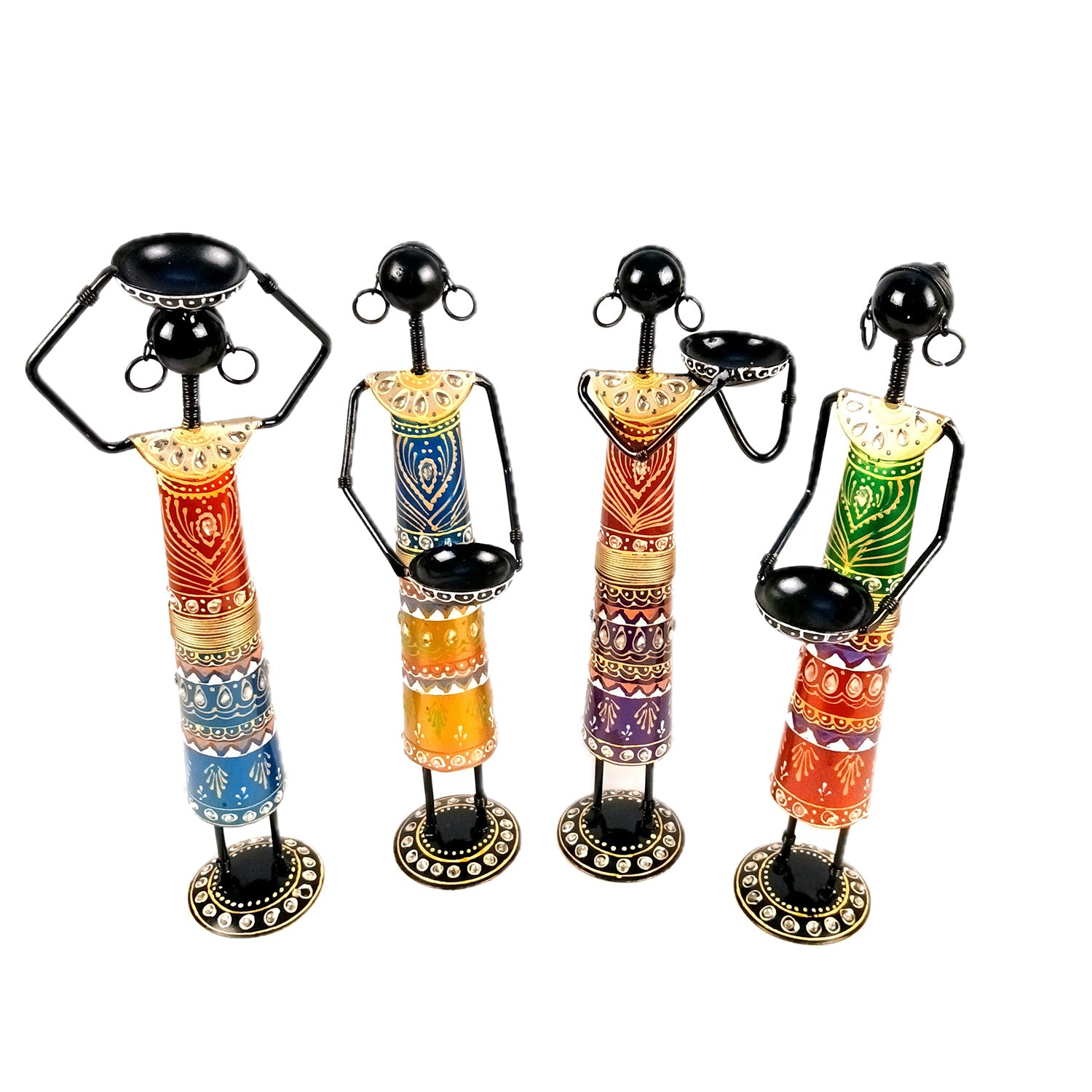 Tribal Worker Showpiece With Tea Light Candle Holders | Vibrant Handpainted Figurines - for Home, Bedroom, Living Room, Office, Table Decor & Gifts - 14 Inch - Apkamart