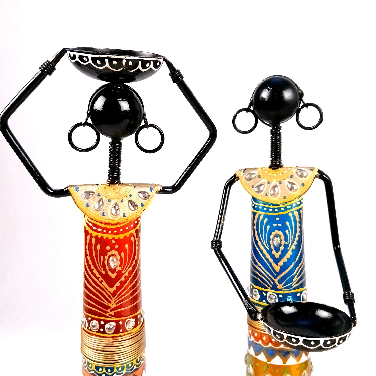 Tribal Worker Showpiece With Tea Light Candle Holders | Vibrant Handpainted Figurines - for Home, Bedroom, Living Room, Office, Table Decor & Gifts - 14 Inch - Apkamart