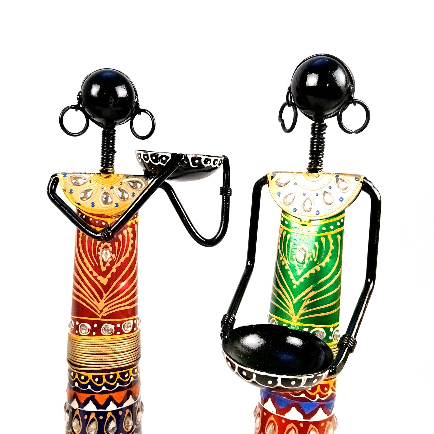 Tribal Worker Showpiece With Tea Light Candle Holders | Vibrant Handpainted Figurines - for Home, Bedroom, Living Room, Office, Table Decor & Gifts - 14 Inch - Apkamart