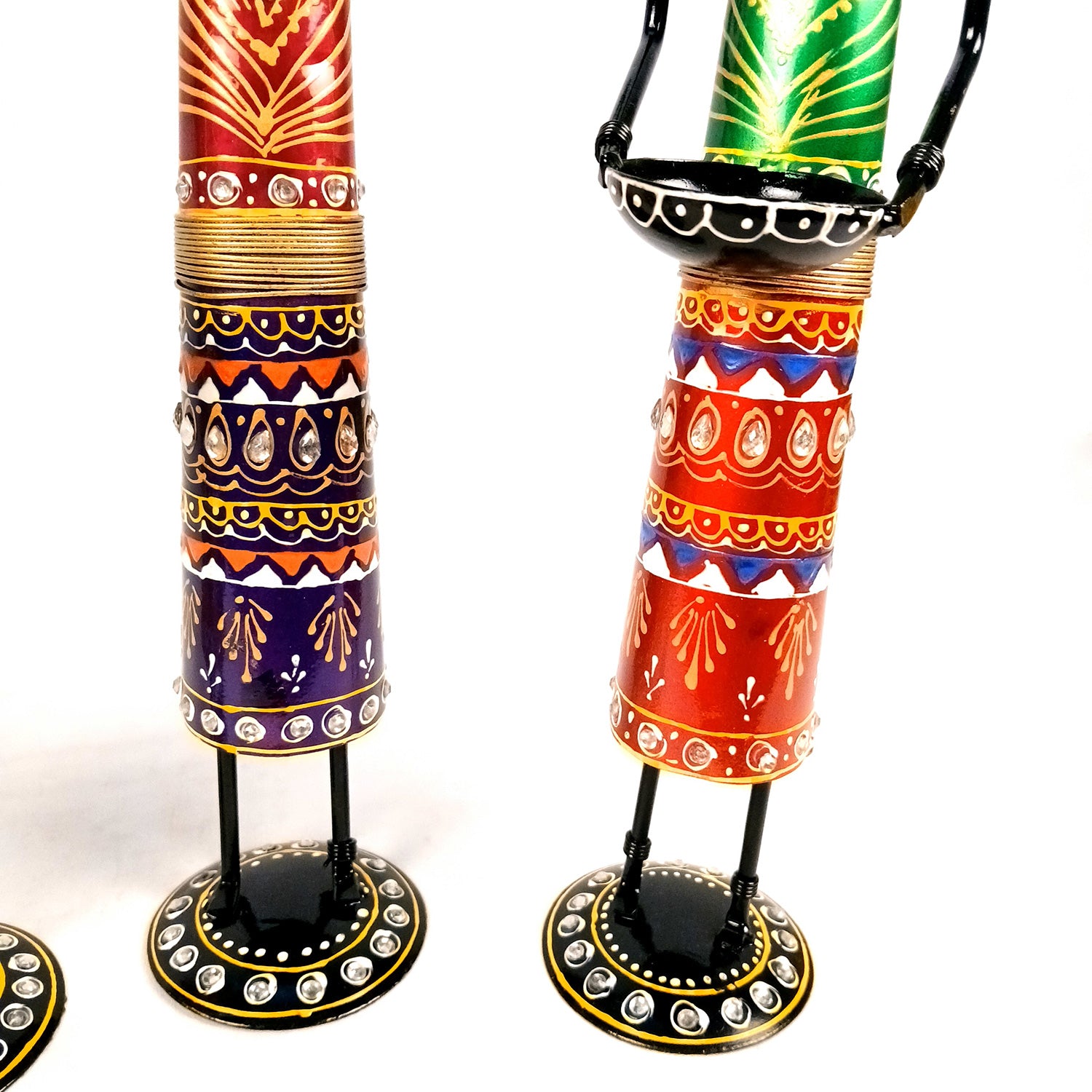 Tribal Worker Showpiece With Tea Light Candle Holders | Vibrant Handpainted Figurines - for Home, Bedroom, Living Room, Office, Table Decor & Gifts - 14 Inch - Apkamart