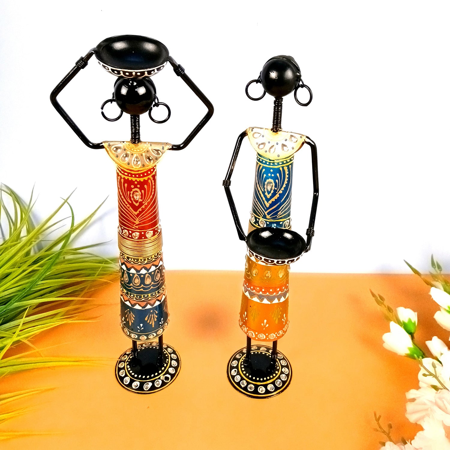 Tribal Worker Showpiece With Tea Light Holders | Vibrant Handpainted Figurines - for Home, Bedroom, Living Room, Office, Table Decor & Gifts - Apkamart #Style_Design 2