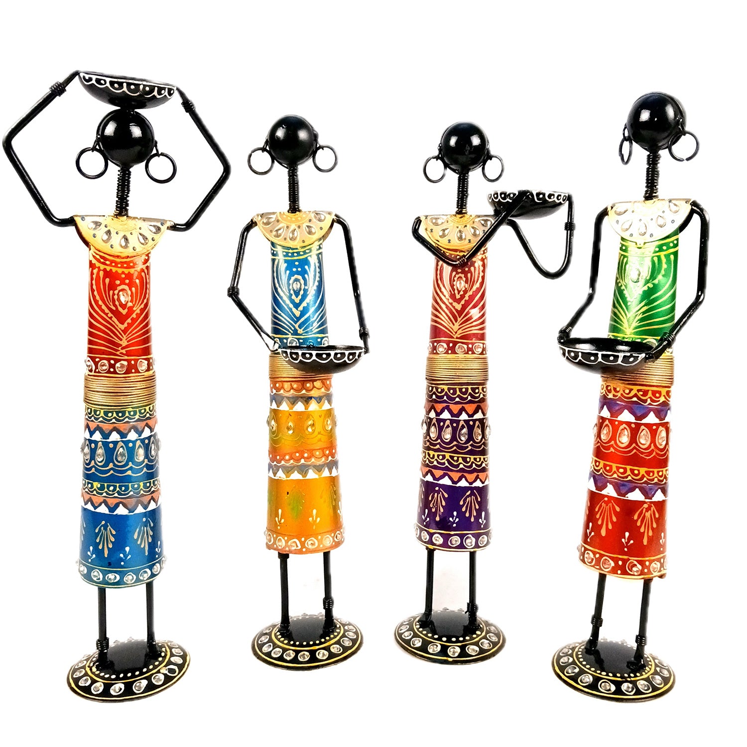 Tribal Worker Showpiece With Tea Light Candle Holders | Vibrant Handpainted Figurines - for Home, Bedroom, Living Room, Office, Table Decor & Gifts - 14 Inch - Apkamart