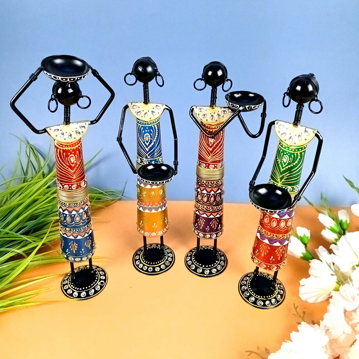Tribal Worker Showpiece With Tea Light Candle Holders | Vibrant Handpainted Figurines - for Home, Bedroom, Living Room, Office, Table Decor & Gifts - 14 Inch - Apkamart