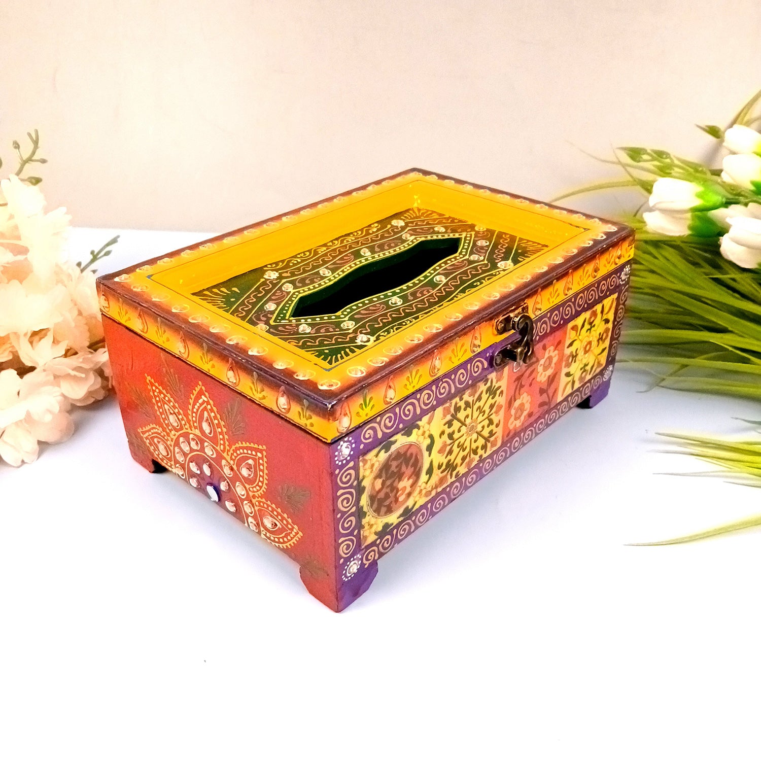 Napkin Holder With Ceramic Tiles | Tissue Paper Stand | Wooden Tissue Dispenser With Lid - For Home, Dining Table, Kitchen, Center Table Decor & Gift - 9 Inch - Apkamart #Style_Design 1