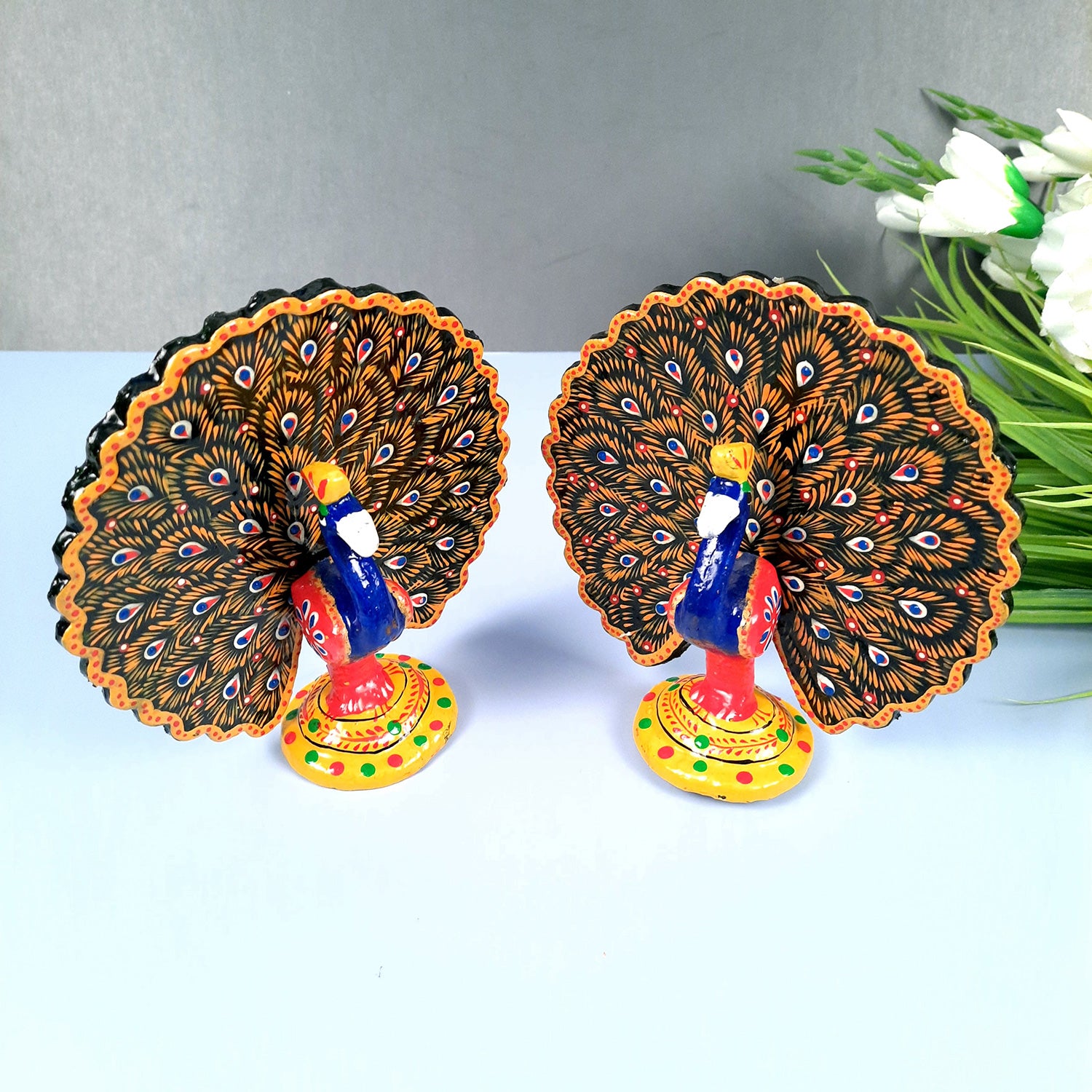 Dancing Peacock Showpiece Set | Wooden Peacock Statue | Animal Figurines - for Home, Table, Shelf, Living Room Decor, Gifts - 6 Inch - apkamart