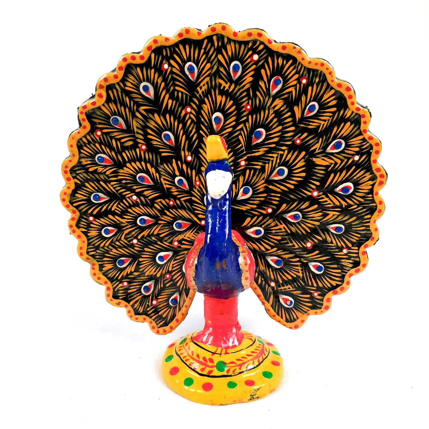 Dancing Peacock Showpiece Set | Wooden Peacock Statue | Animal Figurines - for Home, Table, Shelf, Living Room Decor, Gifts - 6 Inch - apkamart