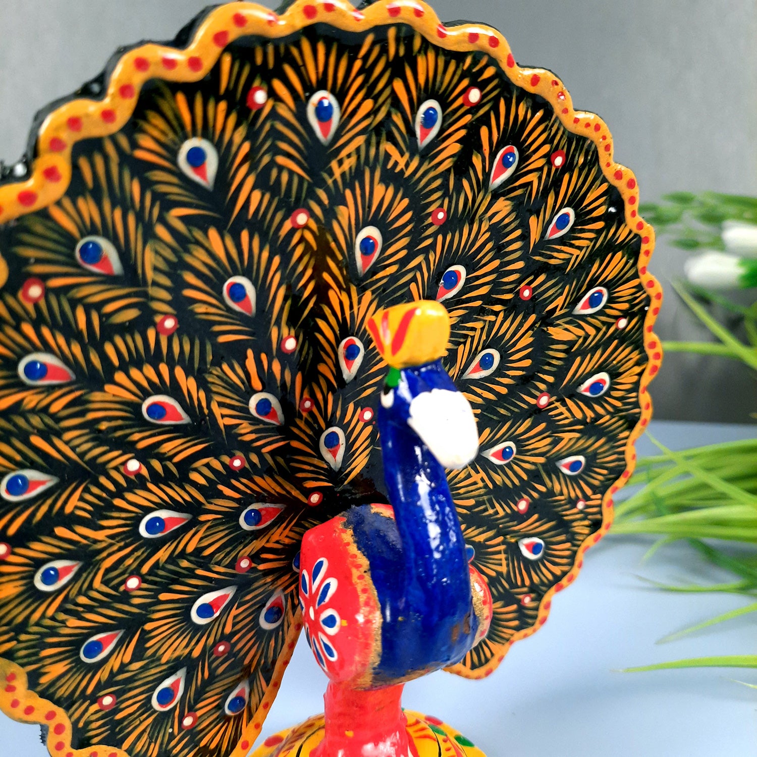 Dancing Peacock Showpiece Set | Wooden Peacock Statue | Animal Figurines - for Home, Table, Shelf, Living Room Decor, Gifts - 6 Inch - apkamart