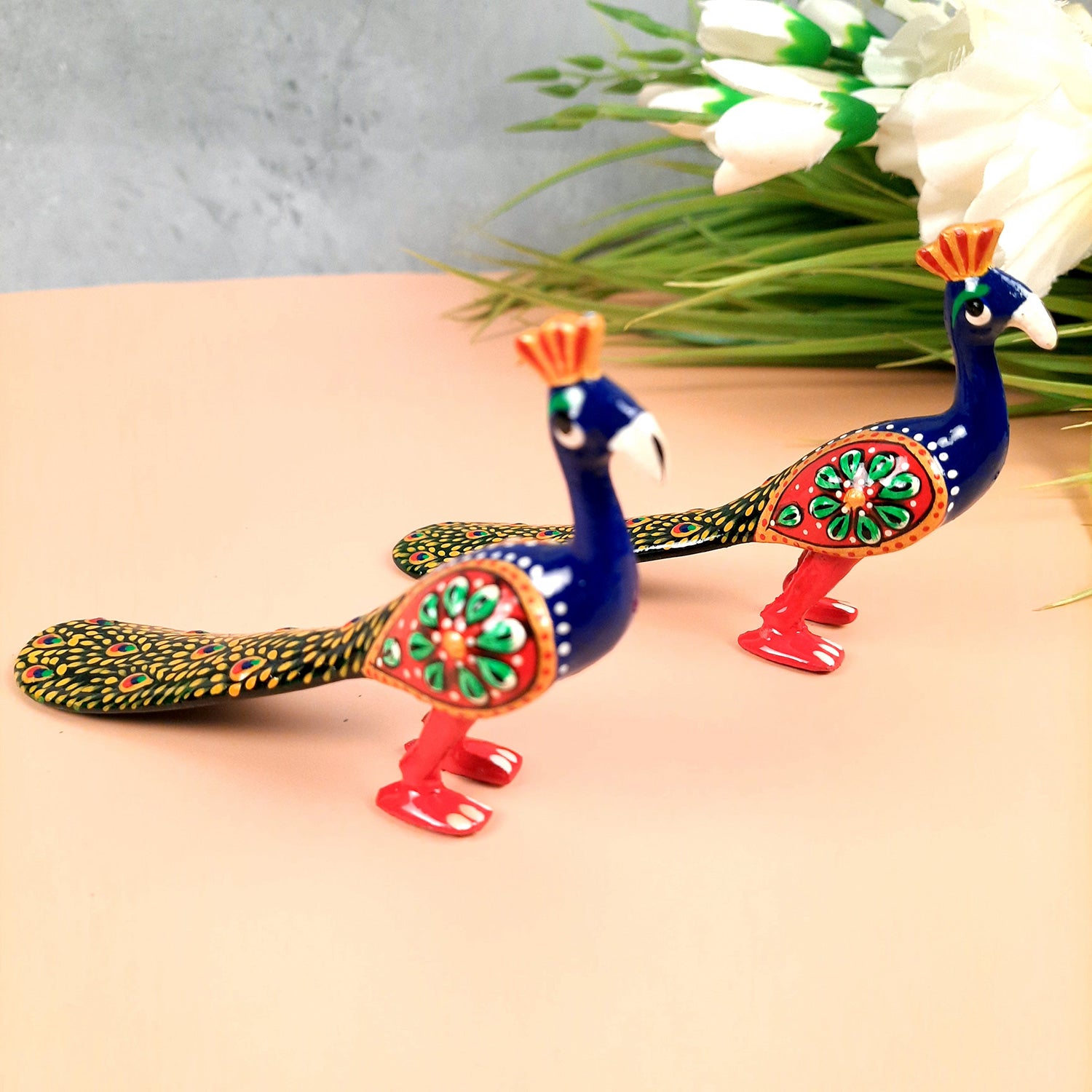 Peacock Showpiece Set | Handcrafted Peacock Figurine | Animal Figurines - for Home, Table, Shelf, Living Room Decor, Gifts - 3 Inch (Pack of 2) - apkamart