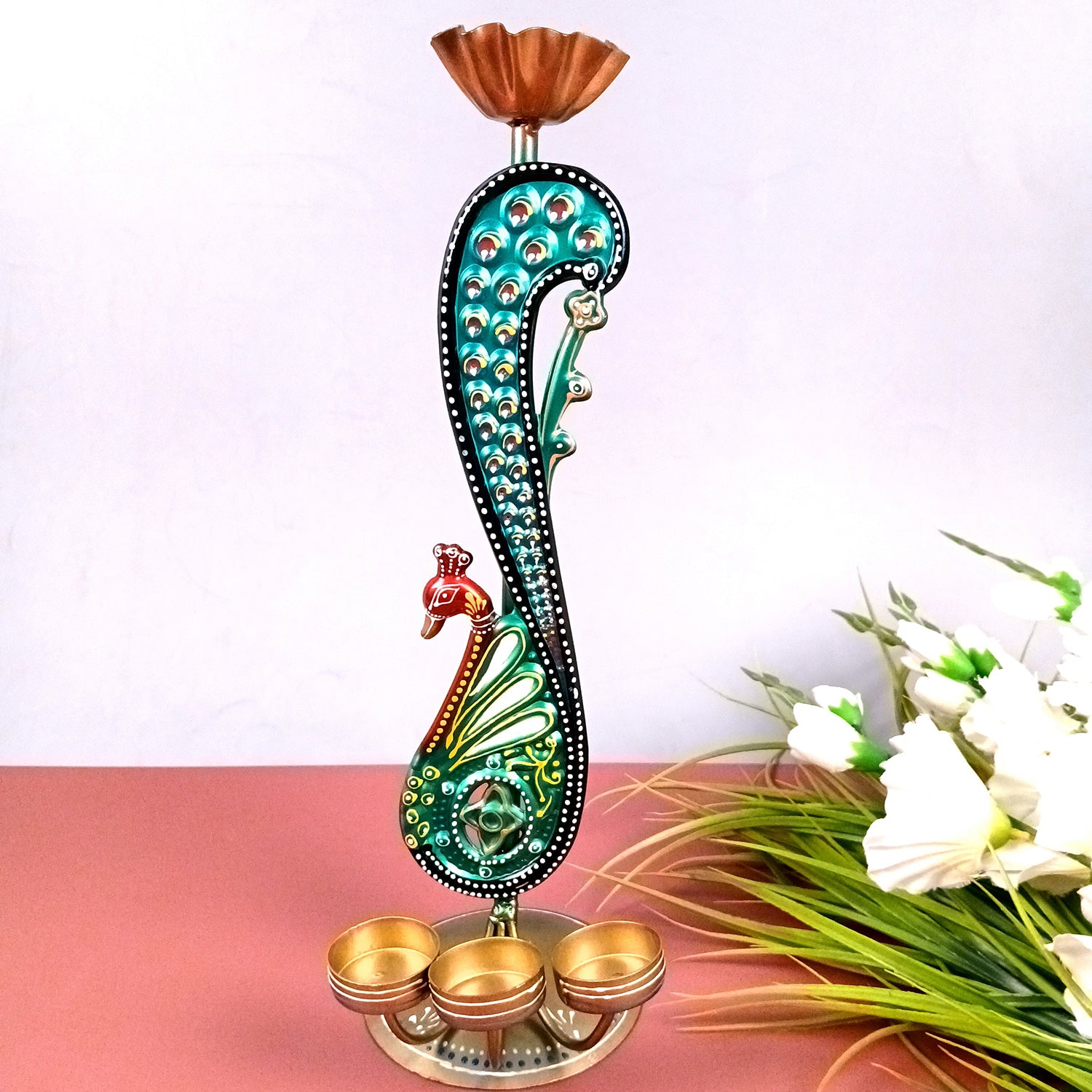 Peacock Tea Light Candle Holder | Candle Holders Stand With 4 Slots - For Home, Table, Living Room, Dining room, Bedroom Decor | For Diwali Decoration & Gifts - 16 Inch - Apkamart