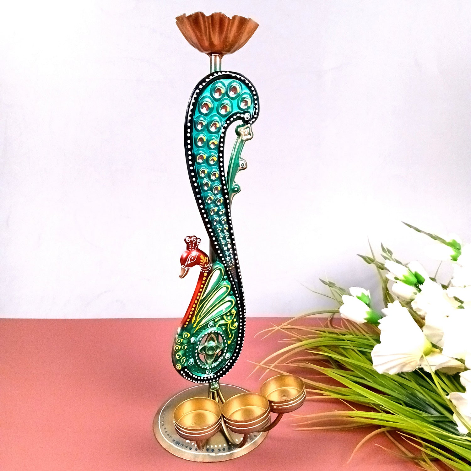 Peacock Tea Light Candle Holder | Candle Holders Stand With 4 Slots - For Home, Table, Living Room, Dining room, Bedroom Decor | For Diwali Decoration & Gifts - 16 Inch - Apkamart