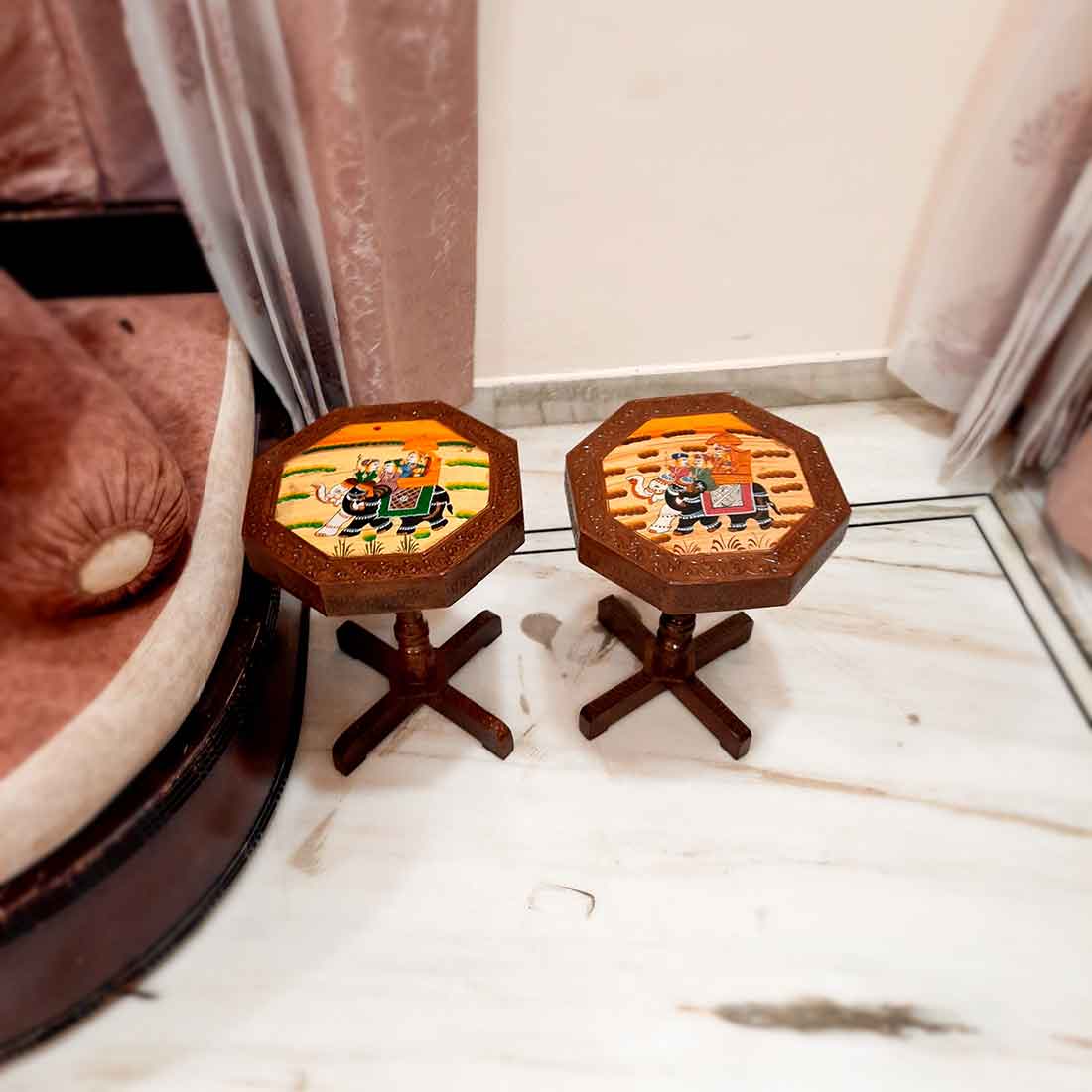 Wooden Side Table Set | End Table | Stool Set - for Living Room, Bedroom, Sofa Sides & Gifts - 15 Inch (Pack of 2) - Apkamart