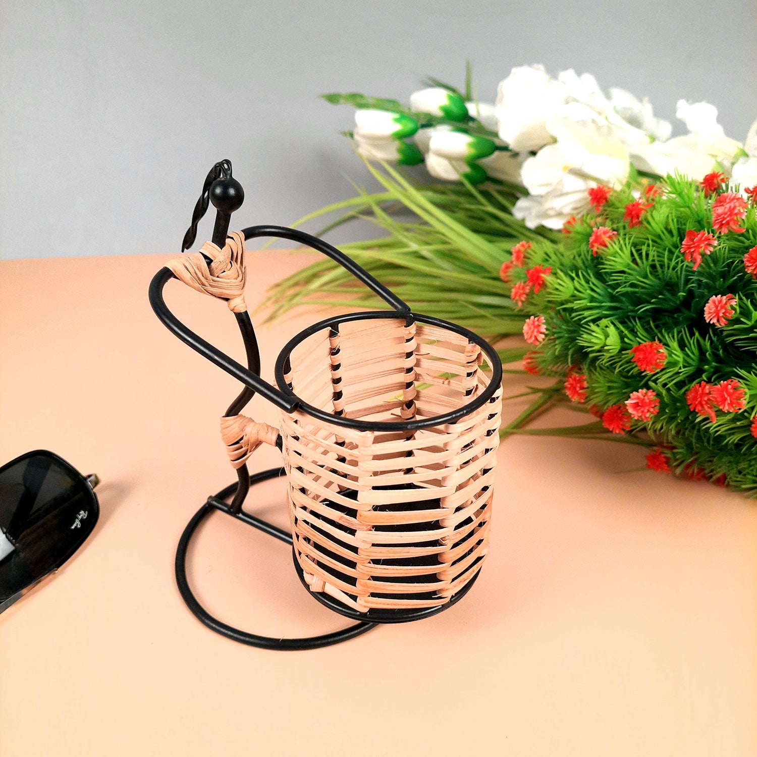 Pen Stand Cum Cutlery Holders - Lady Holding Basket Design | Multipurpose Organizers | Pencil Holder Stands - For Study Table, Desk, Stationary Gift, Home, Office Decor & Corporate Gifting - apkamart