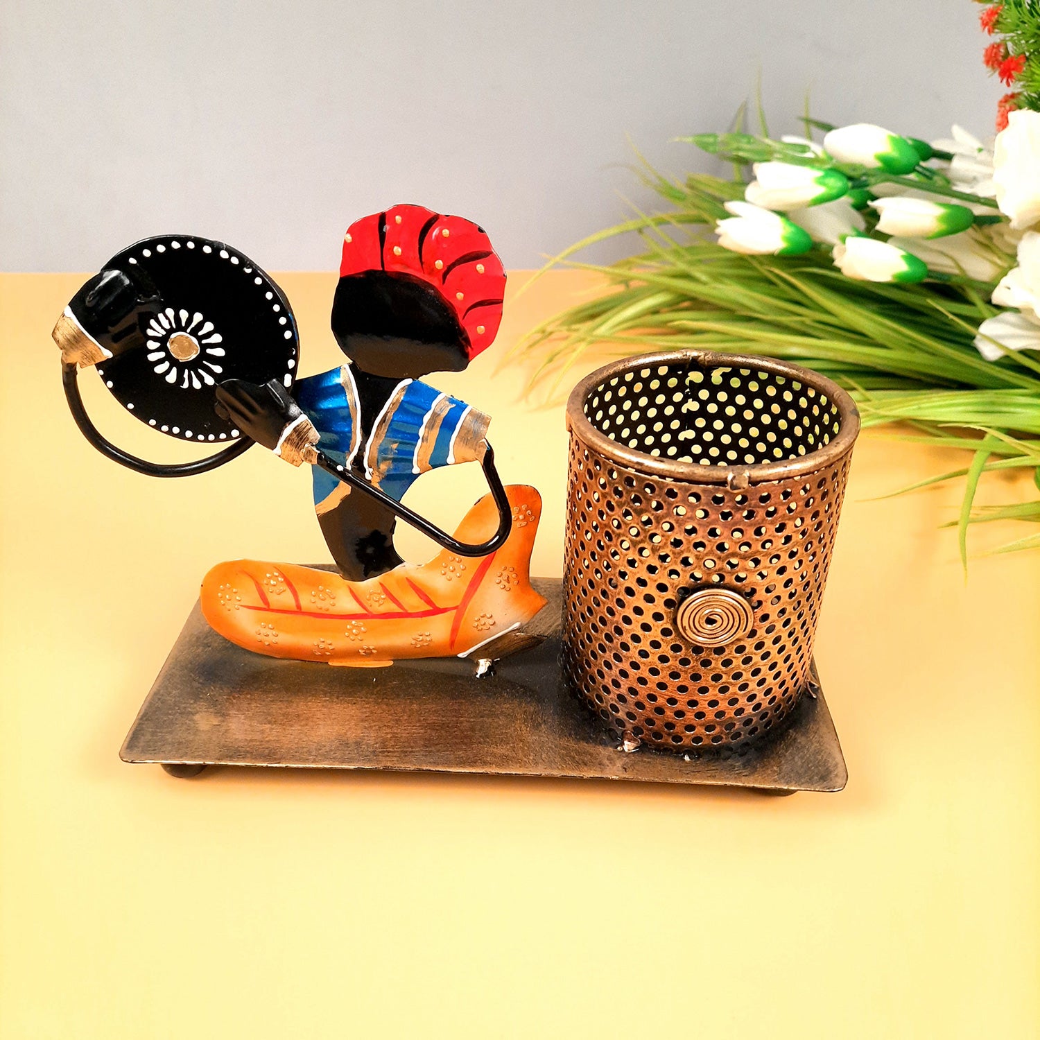 Pen Holder With Musician Showpiece | Desk Organizer | Multipurpose Holders Stand - For Stationary Gifts, Table, Desk Organizing, Home, Office Decor & Corporate Gifts - 7 Inch