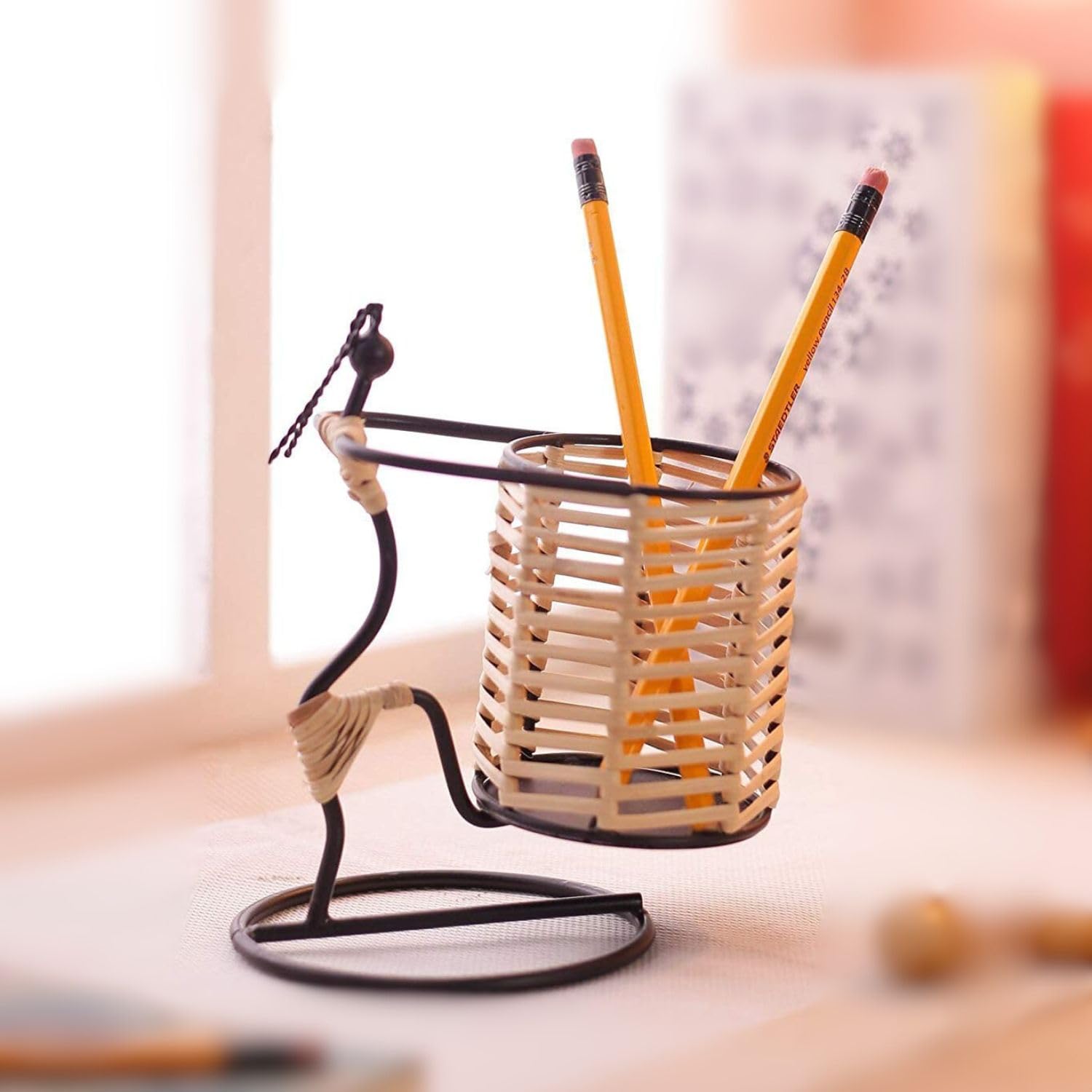 Pen Stand Cum Cutlery Holders - Lady Holding Basket Design | Multipurpose Organizers | Pencil Holder Stands - For Study Table, Desk, Stationary Gift, Home, Office Decor & Corporate Gifting - apkamart