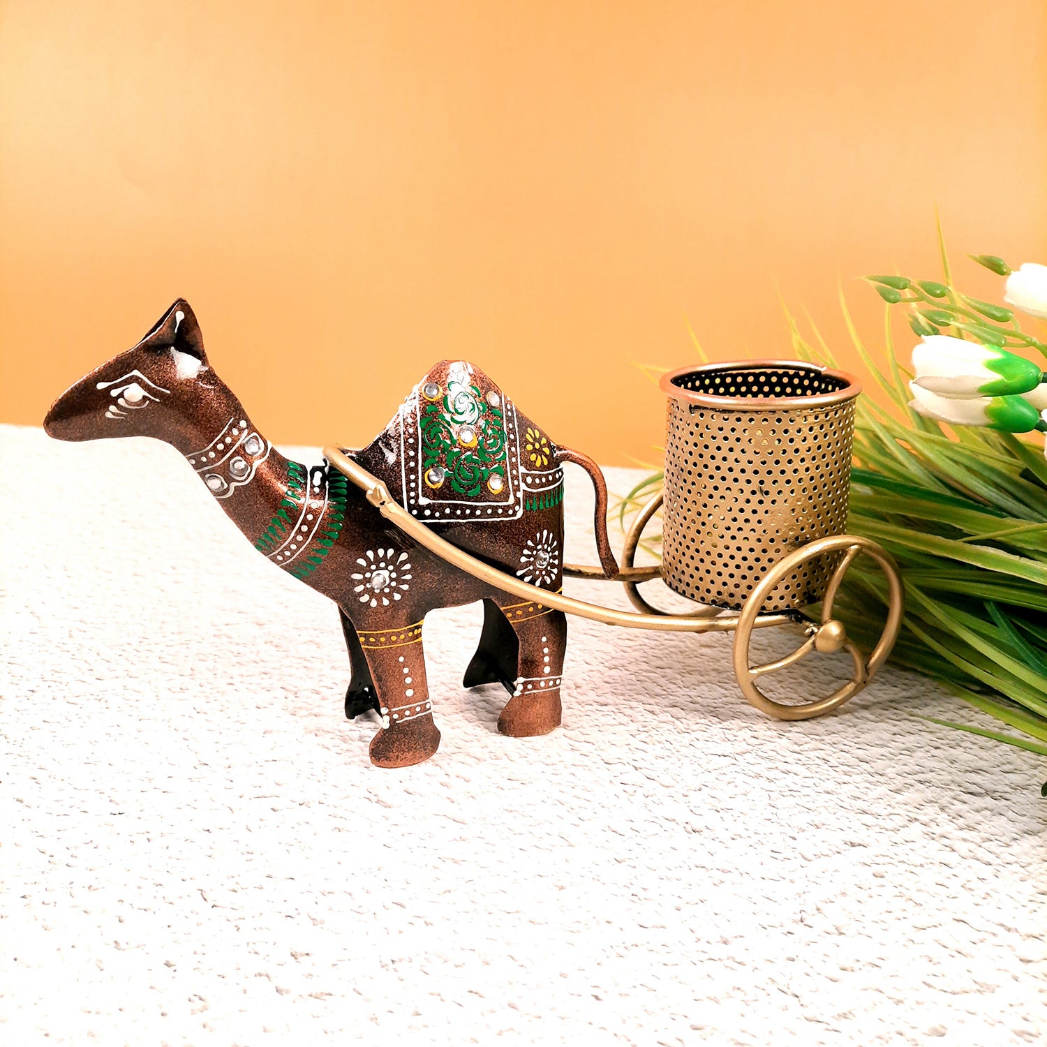 Pen Holder | Desk Organizer | Camel Cart Showpiece | Multipurpose Holders Stand - For Study Table, Desk Organizing, Home, Office Decor & Gifts - 11 Inch - Apkamart