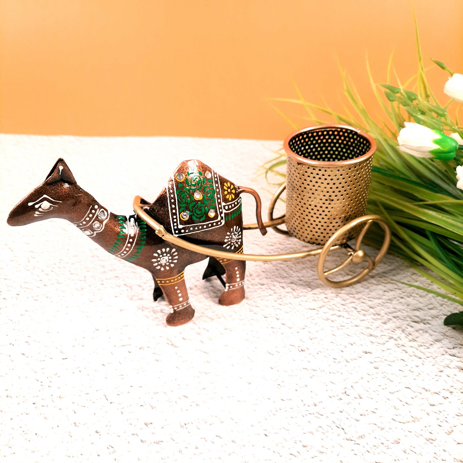 Pen Holder | Desk Organizer | Camel Cart Showpiece | Multipurpose Holders Stand - For Study Table, Desk Organizing, Home, Office Decor & Gifts - 11 Inch - Apkamart