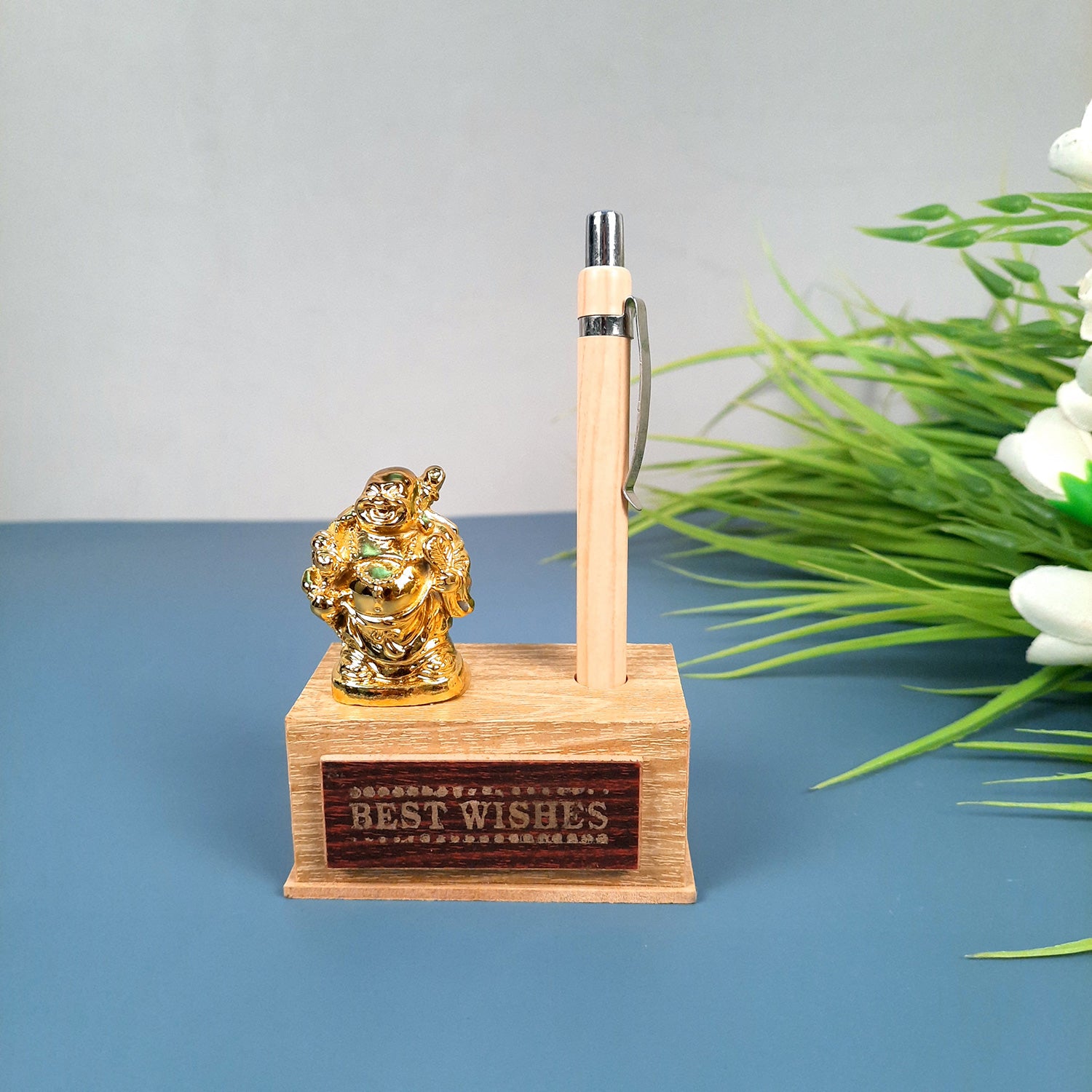 Pen Pencil Holder With Laughing Buddha Showpiece Desk Organizer Wooden  Pencil Stand |Stationary Holders For Home, Study Table, Office Decor,