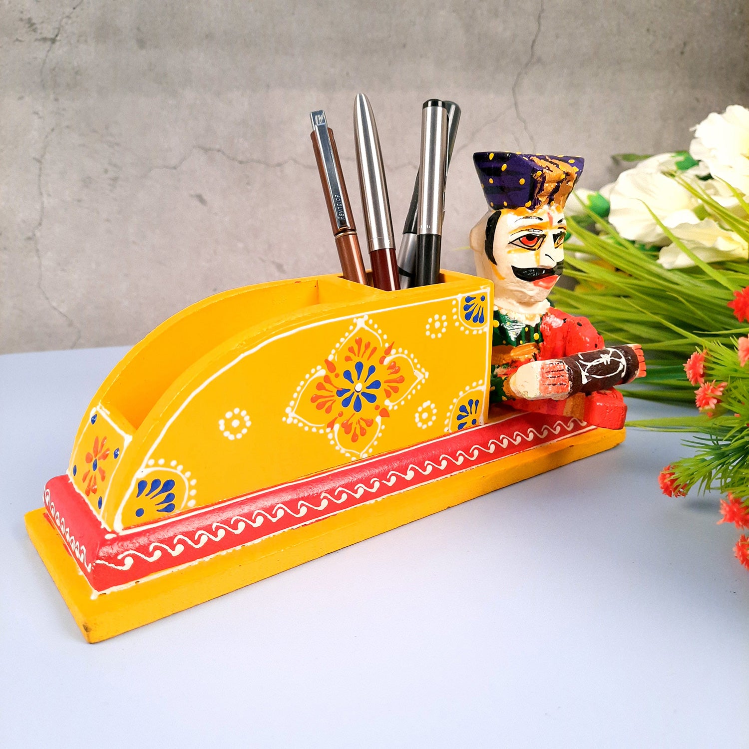 Pen Stand Cum Cutlery Holders | Multipurpose Organizers | Wooden Pencil Holder Stands - For Study Table, Desk, Stationary Gift, Home, Office Decor & Corporate Gifting - 9 Inch - Apkamart #Colour_Yellow