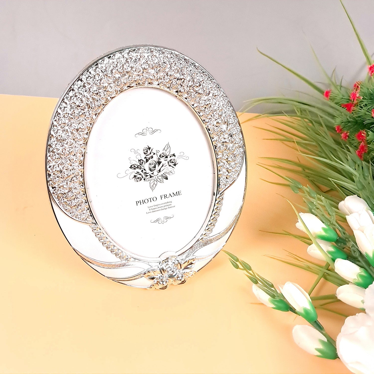 Table Photo Frame | Designer Oval Silver Picture Frames - For Home Decor, Office Desk, Bedroom & Living Room - 11 Inch - Apkamart #Style_Design 3