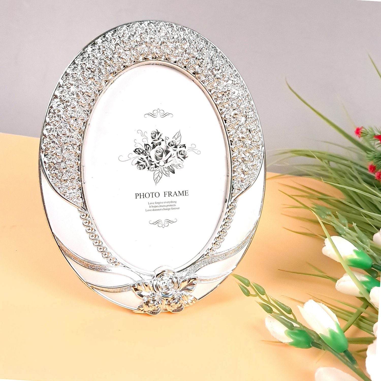 Table Photo Frame | Designer Oval Silver Picture Frames - For Home Decor, Office Desk, Bedroom & Living Room - 11 Inch - Apkamart #Style_Design 3