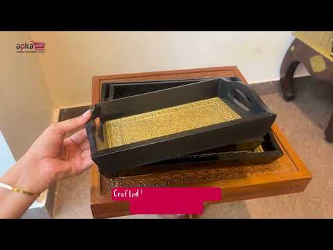 Brass Serving Tray | Wooden Tea & Snacks Platter | Tray With Handles - for Home, Dining Table, Kitchen Decor, Office, Cafe & Gifts - 12 Inch - Apkamart