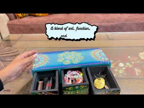 Jewellery Box | Wooden Jewelry Box With 3 Drawers - Beautiful Hand Painting With Kundan Beads Work - For Home, Table, Organizing Earring, Rings, Necklace & Gifts - apkamart