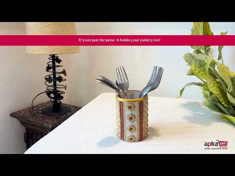 Multipurpose Holder For Pen, Cutlery, Napkin | Marble Decorative Stand With Golden Emboss & Kundan Work - For Home, office, Table, Dining, Kitchen Decor & Gifts - 4 Inch - Apkamrt #Style_Design 3
