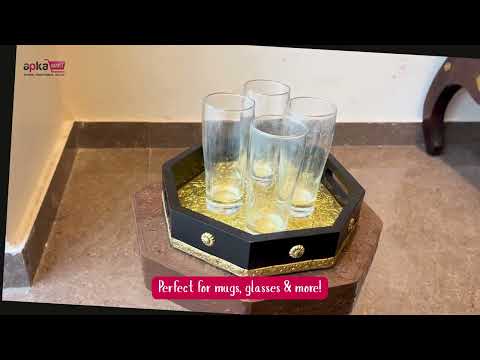 Tray Set Wood & Brass | Serving Trays For Tea, Coffee & Snacks | Multipurpose Decorative Tray & Platters - For Home, Dining Table Organization, Kitchen & Gifts - 13 Inch (Pack of 3) - Apkamart