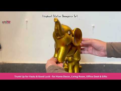 Elephant Statue Showpiece Set | Cute Elephant Figurines - Trunk Up for Vastu & Good Luck - for Home Décor, Living Room, Office Desk & Gifts - 12 Inch (Resin, Golden) - Apkamart #Style_Design 1