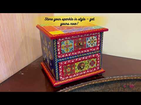Jewellery Box | Wooden Jewelry Box With 2 Drawers - Ceramic Tiles & Extensive Kundan Detailing Work - For Home, Table, Organizing Earring, Rings, Necklace & Gifts - 9 Inch - Apkamart