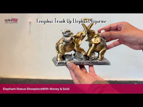 Elephant Statue Showpiece | Fengshui Trunk Up Elephant Figurine With Money & Gold Coins - For Vastu, Good Fortune, Wealth, Strength | For Home Decor, Living Room, Office & Gift - 7 inch - Apkamart #Colour_Golden