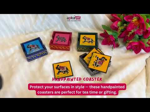 Wooden Coaster Set With Stand | Tea Mat Coasters | Heat Pad | Dining Table Decor - For Kitchen, Bar, Tables, Hot Pots, Cups, Mugs - 4 Inch (Wood, Blue) - Apkamart