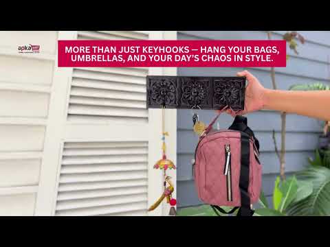 Wall Hook Hanging | Wooden Key Holder With Ethnic Carving | Multipurpose Organizer For Hanging Bags, Scarf, Clothes | For Home, Entrance, Decor - 12 Inch (3 Hooks) - Apkamart