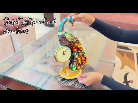 Peacock Table Clock with Multicolor Feather & Kundan Beads Work | Elegant Desk Showpiece for Home, Living Room, Study Table, Office Decor & Gift - apkamart