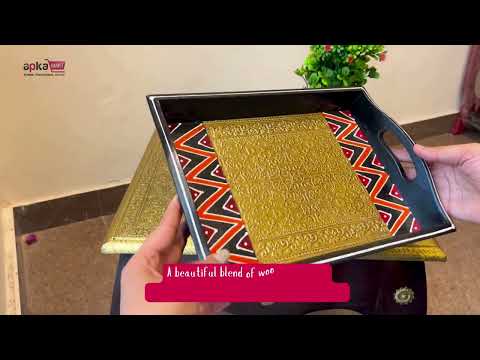 Tray Set - Wood & Brass | Tea & Snacks Serving Platter | Decorative Handcrafted Trays - for Home, Dining Table, Kitchen Decor | Wedding & Housewarming Gift - 13 Inch - apkamart