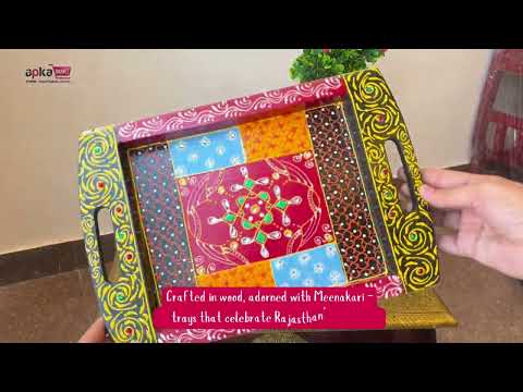Tray Wooden | Beautifully Hand Painted Tea & Snacks Serving Platter | Decorative Trays - for Home, Dining Table, Kitchen Decor | Wedding & Housewarming Gift - 17 Inch (Pack of 2) - Apkamart
