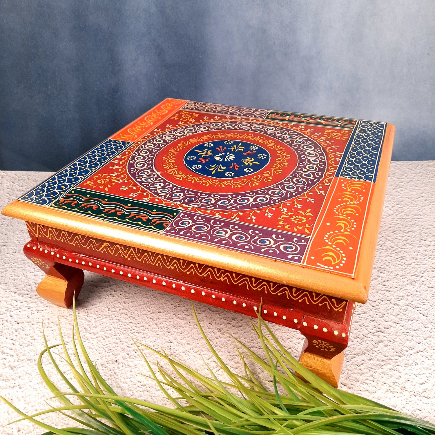 Puja Chowki Bajot| Wooden Choki For Sitting | Peeta For Home, living Room, Corner, Mandir Decoration & Gifts - 16 Inch - apkamart