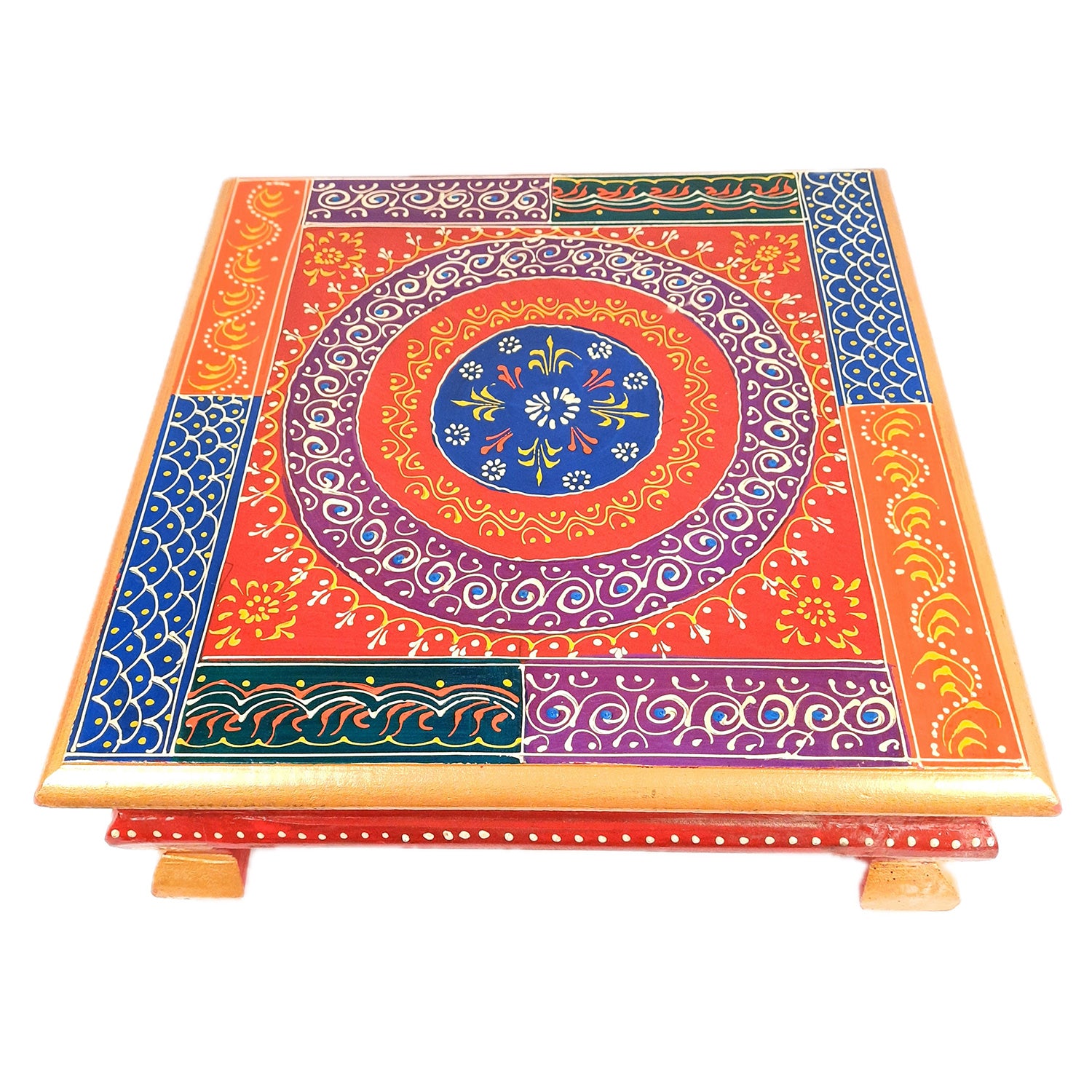 Puja Chowki Bajot| Wooden Choki For Sitting | Peeta For Home, living Room, Corner, Mandir Decoration & Gifts - 16 Inch - apkamart