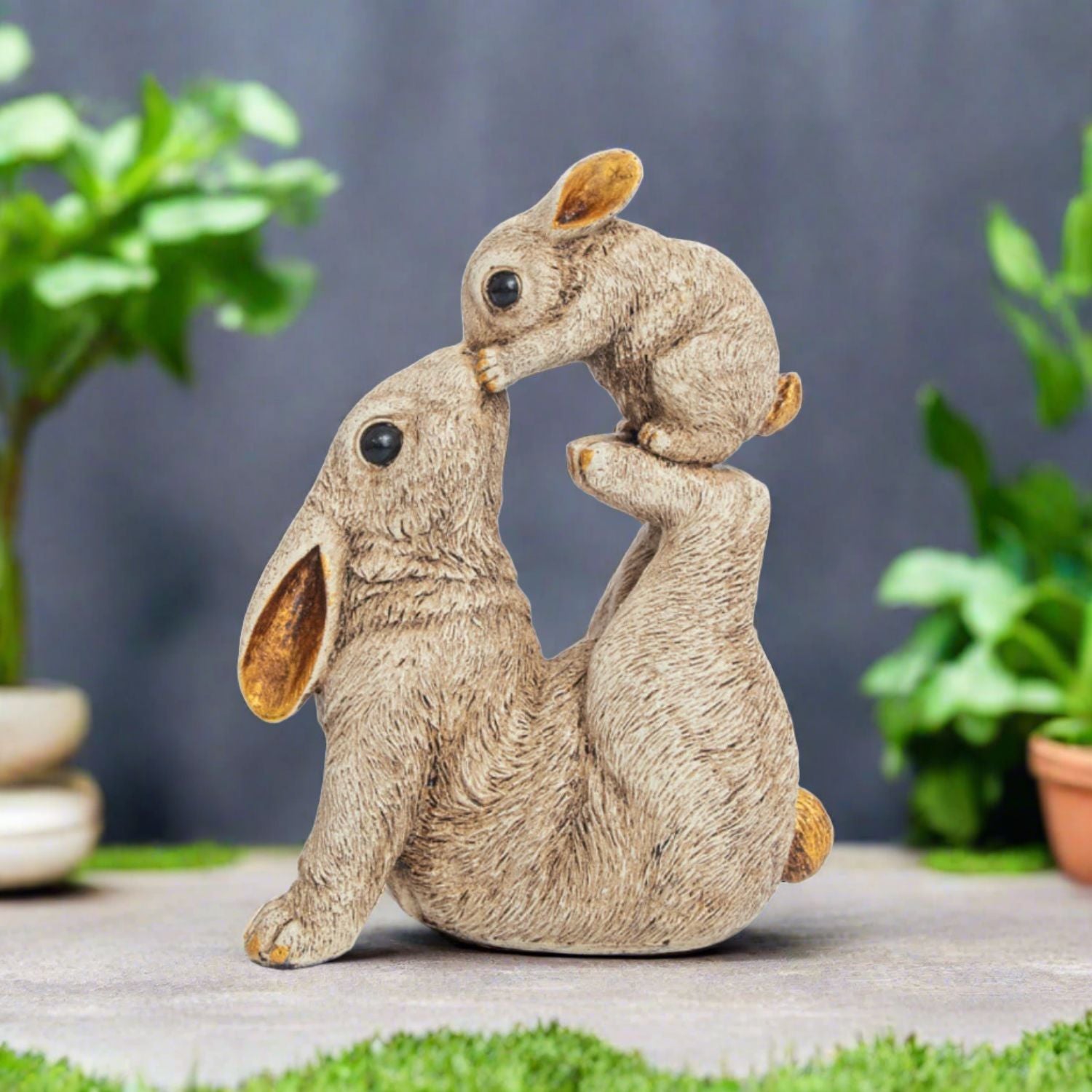 Rabbit Mother with Baby Statue Showpiece | Animal Decorative Figurines - for vastu, Home Decor Balcony Outdoor Indoor Office & Gifts - 10 Inch - Apkamart #Color_Brown