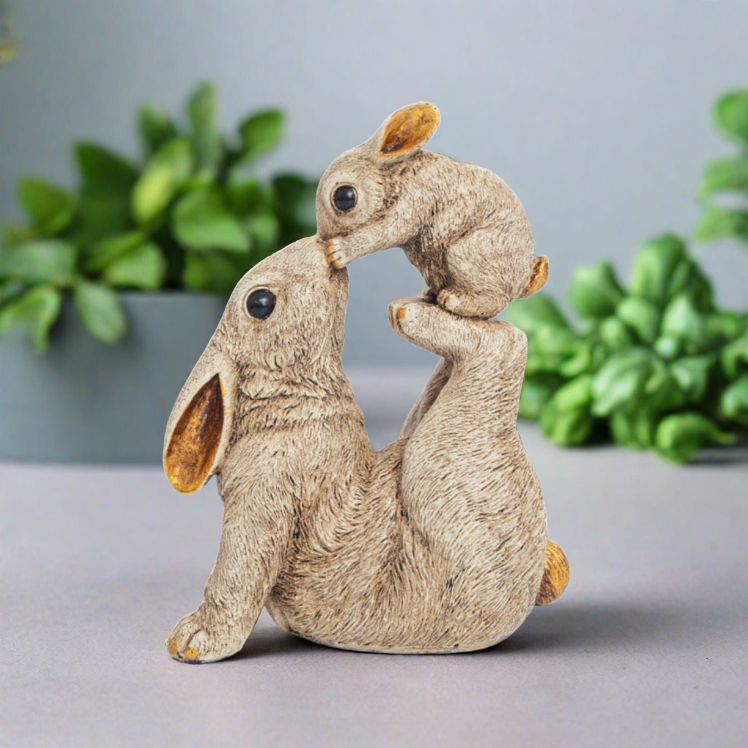 Rabbit Mother with Baby Statue Showpiece | Animal Decorative Figurines - for vastu, Home Decor Balcony Outdoor Indoor Office & Gifts - 10 Inch - Apkamart #Color_Brown