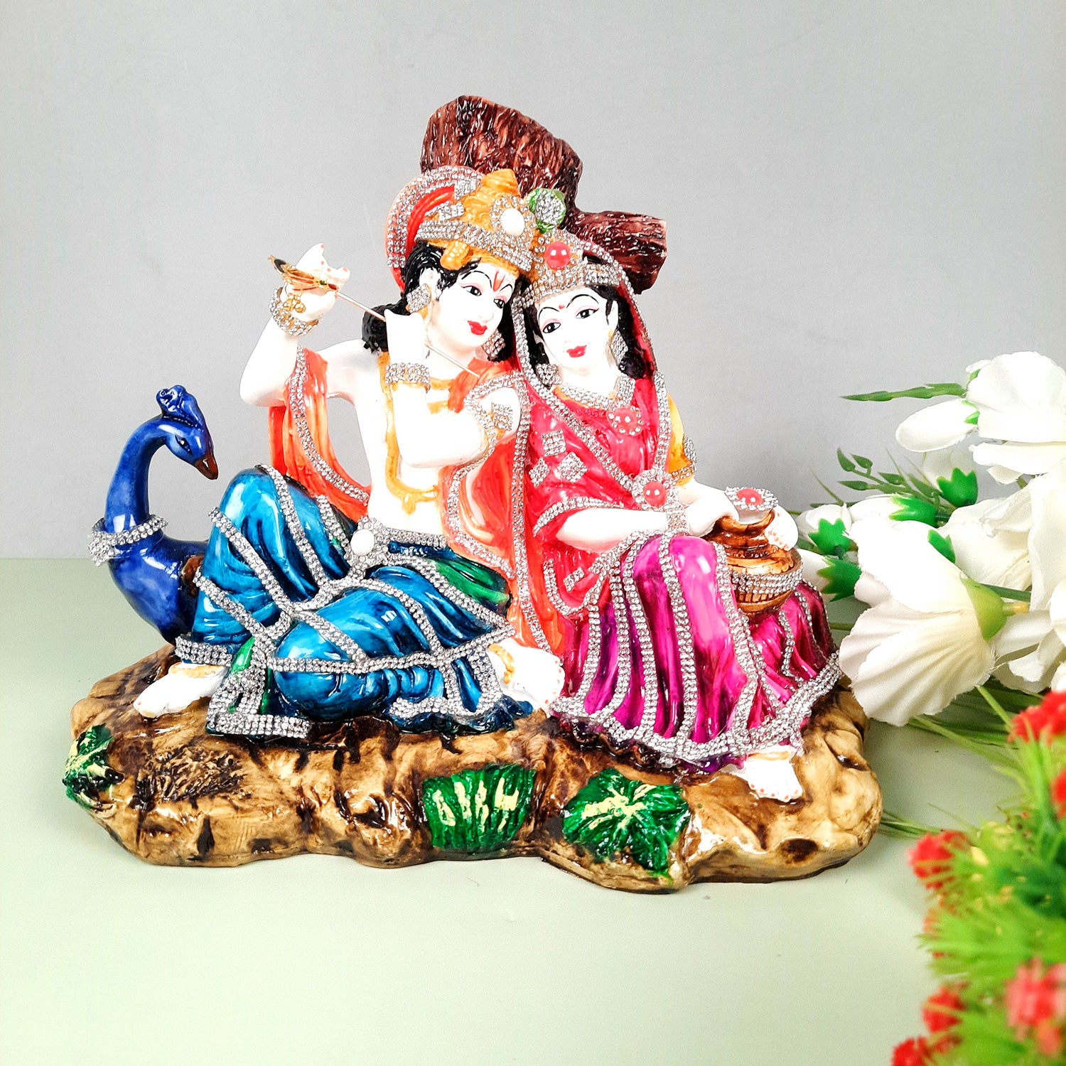 Radha Krishna Idol Statue - With Stone Work & Premium Finish Murti - for Home Decor, Living Room, Temple, Pooja, Office & Gifts - 9 Inch - apkamart