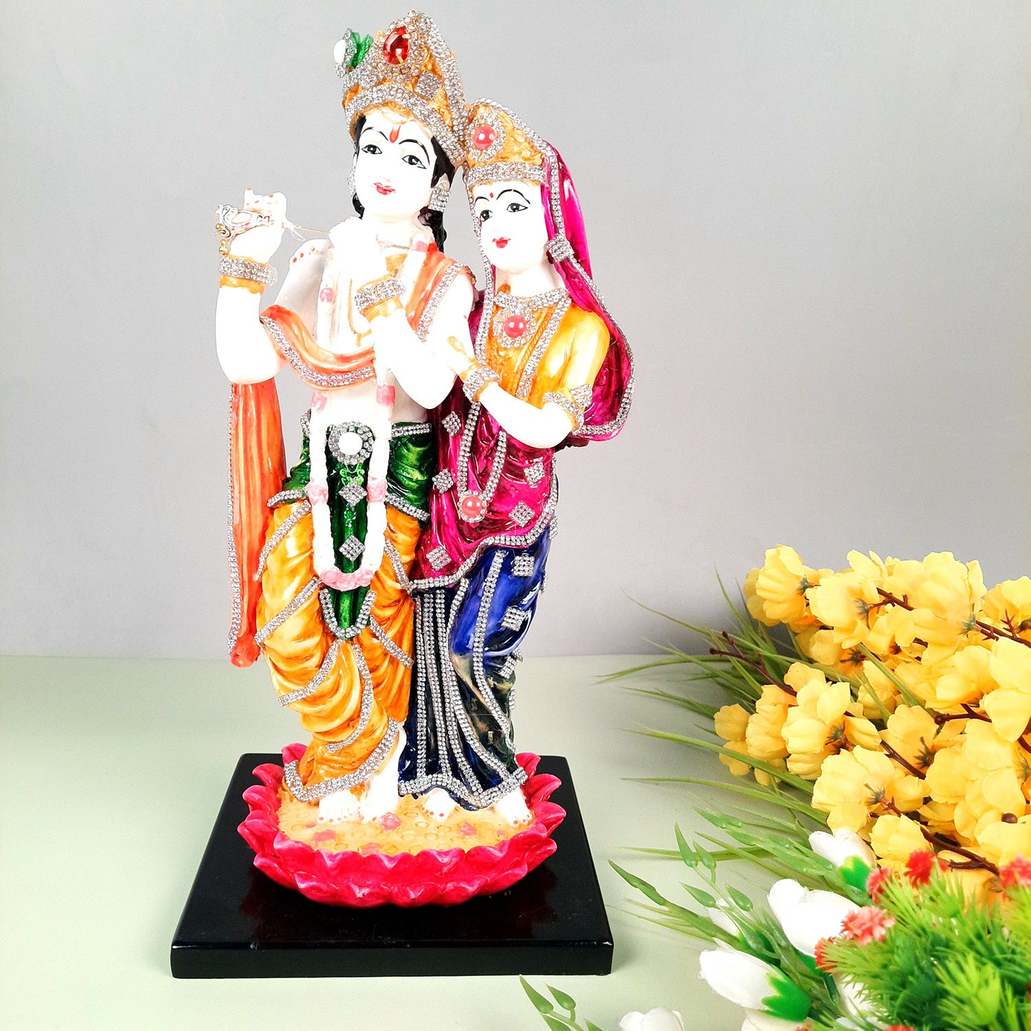Radha Krishna Idol Statue - Standing On Lotus Design - With Stone Work & Premium Finish Murti - for Home Decor, Living Room, Temple, Pooja, Office & Gifts - 16 Inch - apkamart