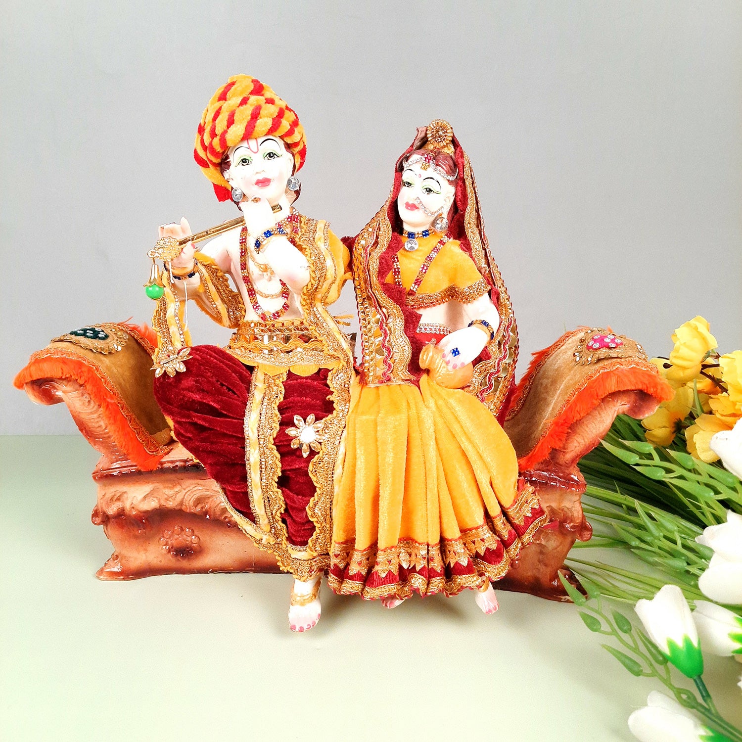 Radha Krishna Idol Statue - Sitting On Couch Design With Premium Finish Murti - for Home Decor, Living Room, Temple, Pooja, Office & Gifts - 12 Inch - apkamart