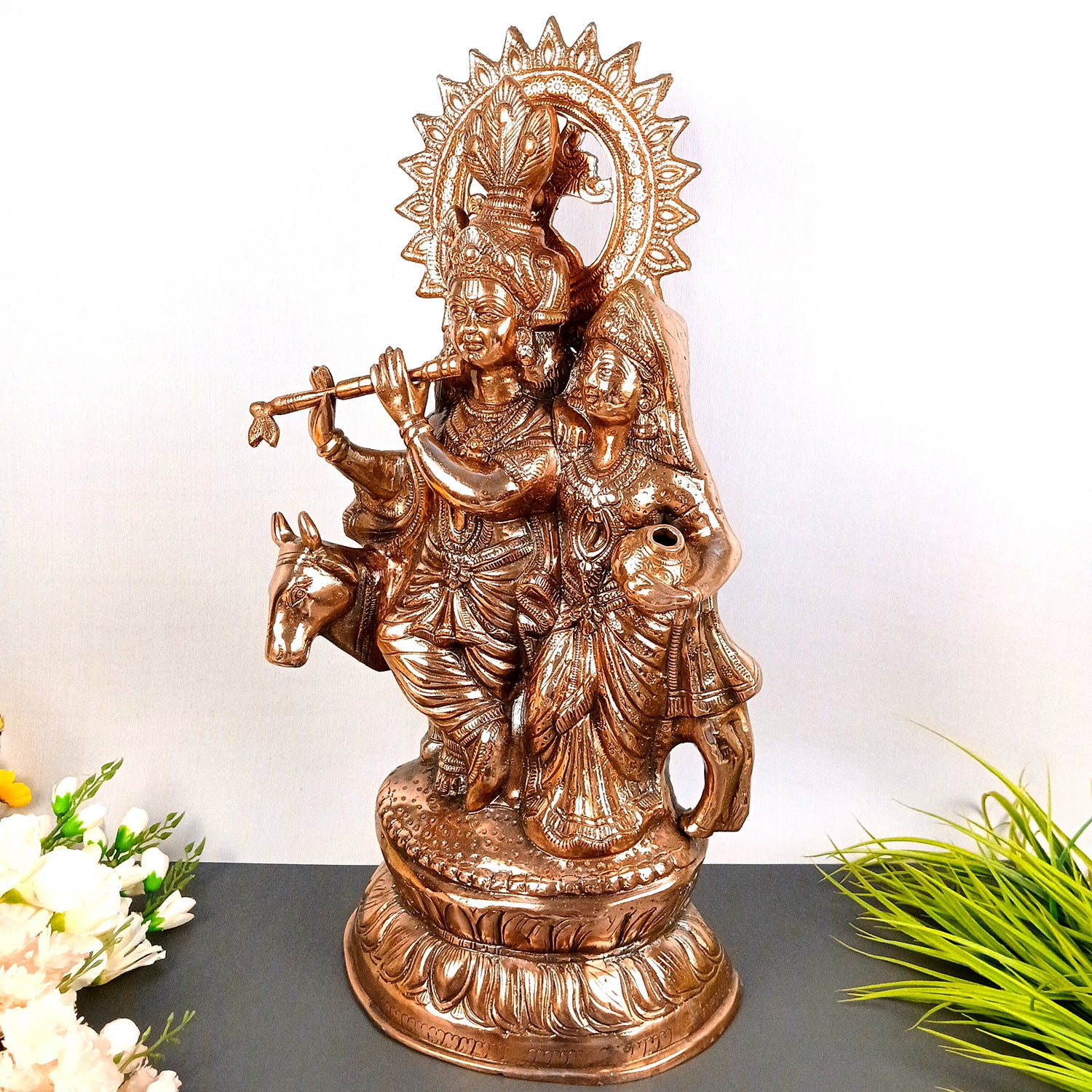 Radha Krishna Statue | Shri Radhe Krishna With Cow Idol Murti - for Home, Table, Living Room, Office, Puja , Entrance Decoration & Gifts - 26 Inch - Apkamart