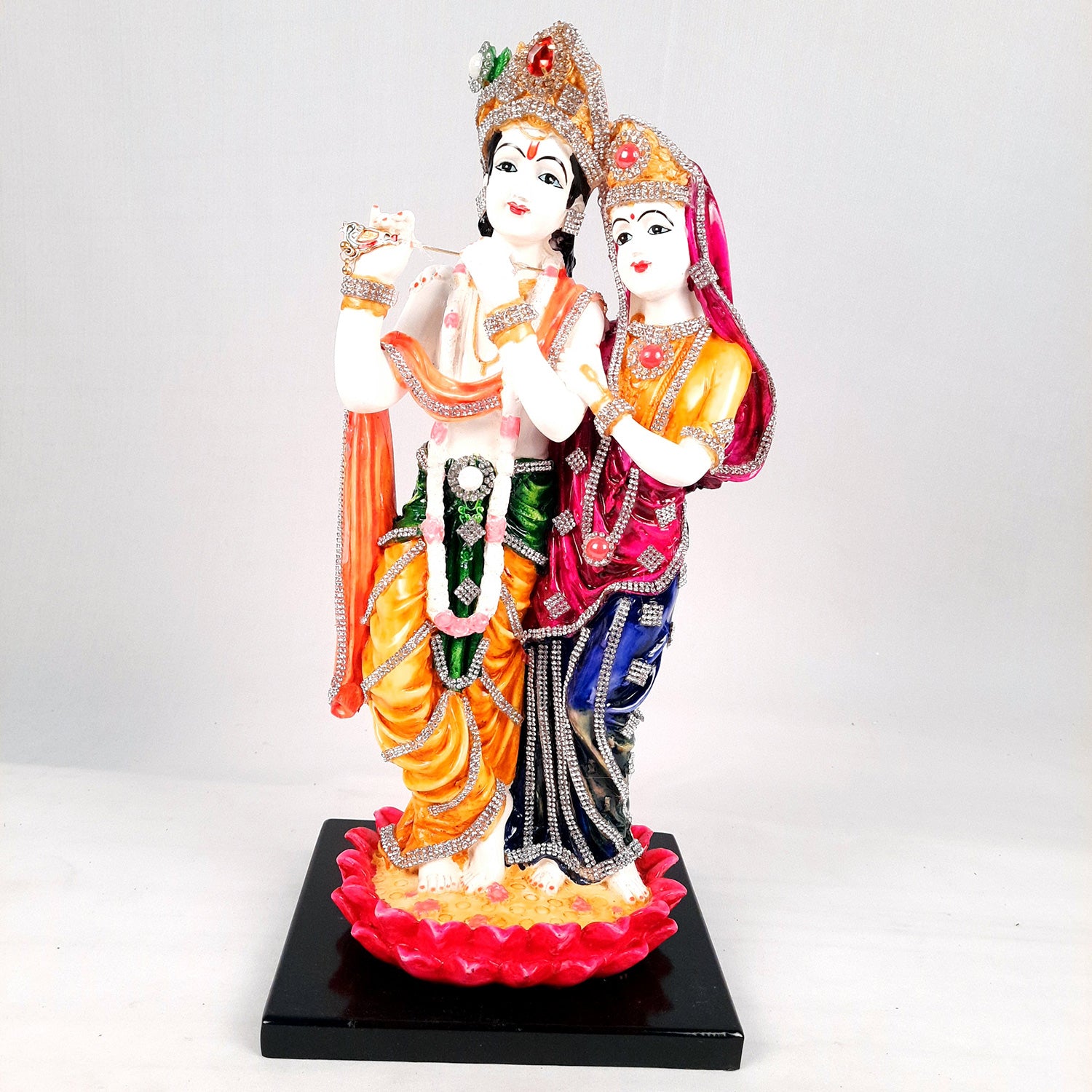 Radha Krishna Idol Statue - Standing On Lotus Design - With Stone Work & Premium Finish Murti - for Home Decor, Living Room, Temple, Pooja, Office & Gifts - 16 Inch - apkamart