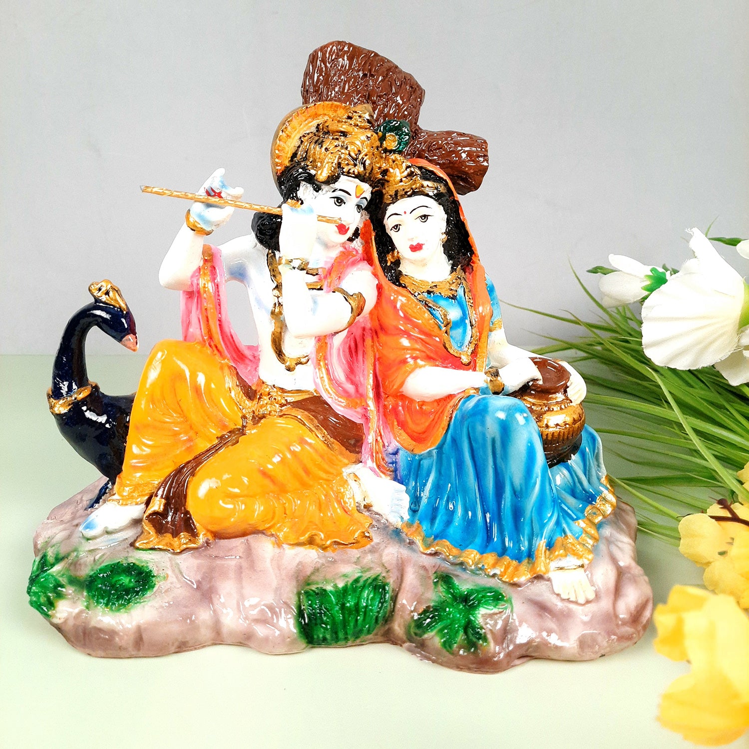 Radha Krishna Idol Statue Showpiece With Peacock Murti - for Home Decor, Living Room, Mandir, Temple, Pooja, Table, Office & Gifts - 9 Inch - apkamart