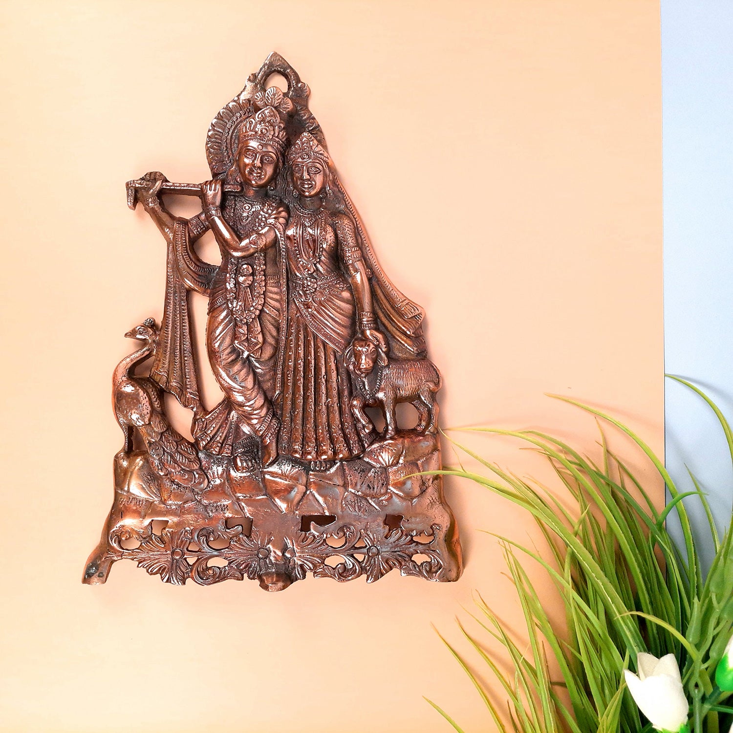 Radha Krishna Wall Hanging Statue With Peacock - for Home, Living Room, Office, Puja, Entrance Decor | Wedding & House Warming Gifts - Apkamart